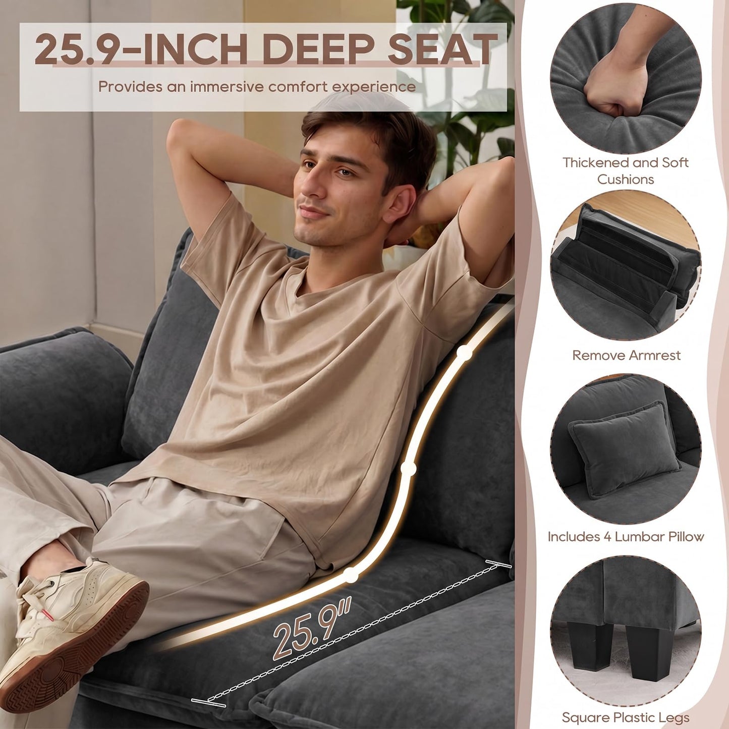 IPKIG 154" Modular Sectional Sofa, Velvet C-Shaped Sectional Couch Comfy Upholstered Seat Sofa with Ottoman, Deep Seat Cloud Couch Sofa for Living Room, Dark Grey