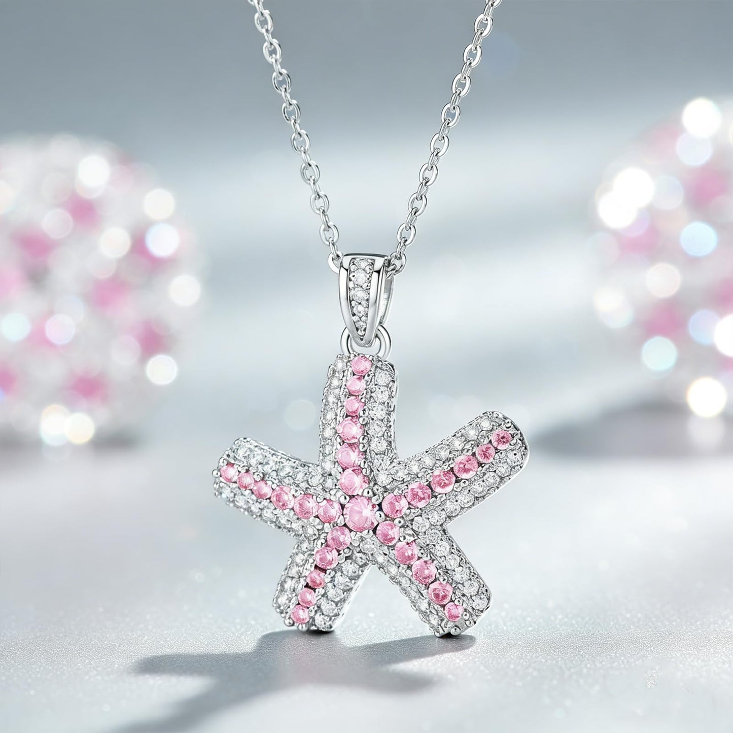 crataly Rose Quartz And CZ Starfish Necklace For Women-Silver Plated October Birthstone Necklace For Valentine's Day Mother's Day Christams Birthday Gifts