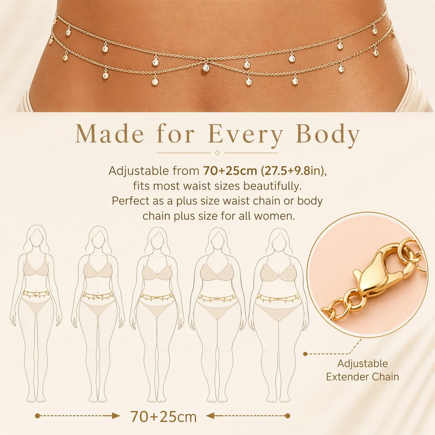 Longita Belly Chain Gold Waist Chain for Women Waist Stomach Jewelry Women Gold Belly Chains for Dress Rhinestone Sexy Body Chains for Bikini Beach Vacation non Tarnish Waterproof Adjustable Plus Size