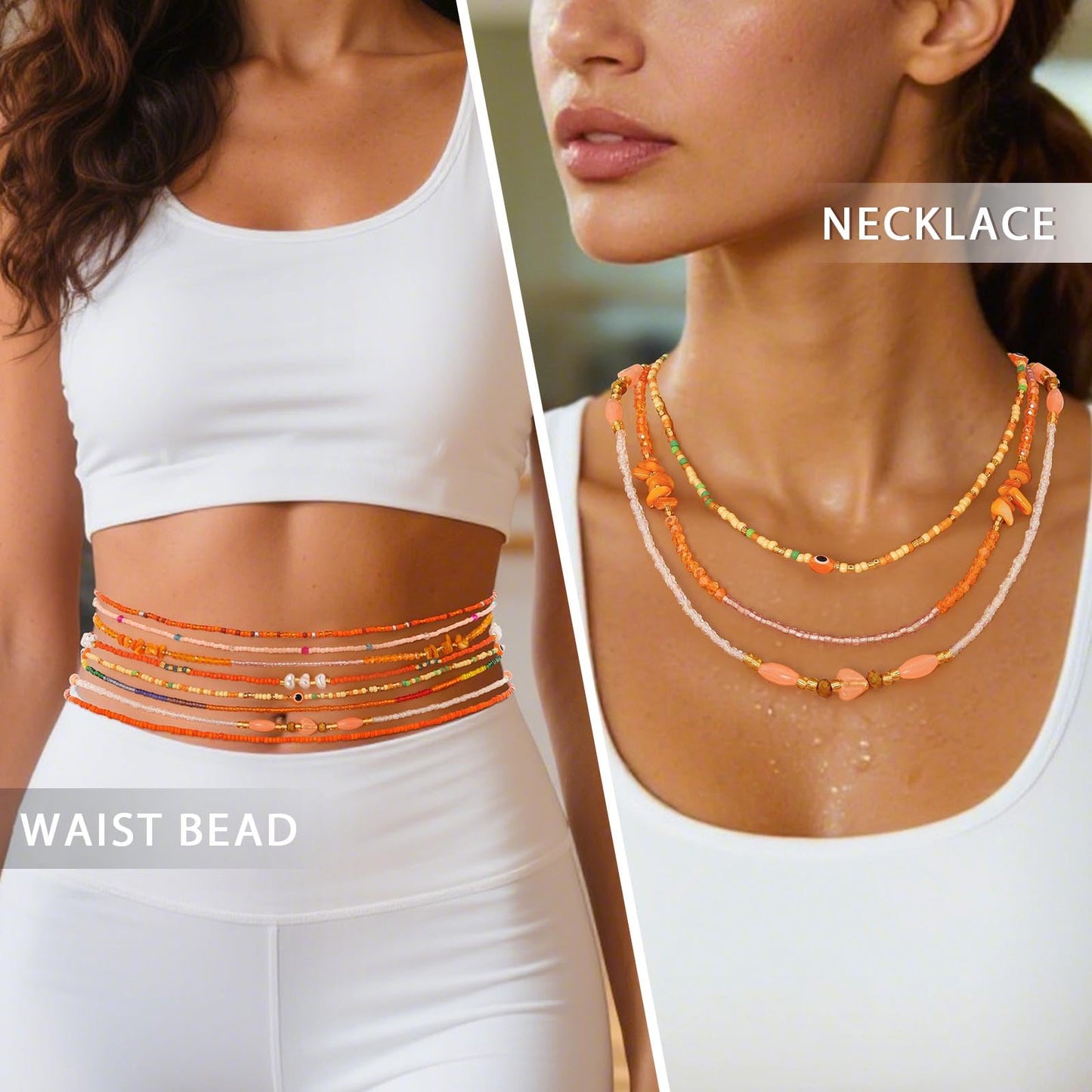 ELABEST Adjustable Handmade Waist Beads Stretchy 23-52 inch 8Pcs Chakra Body Belly Beaded Women Waist, Anklet, Bracelet, Necklace Jewelry with Screw clasp (Orange, 39.3inch/100cm)