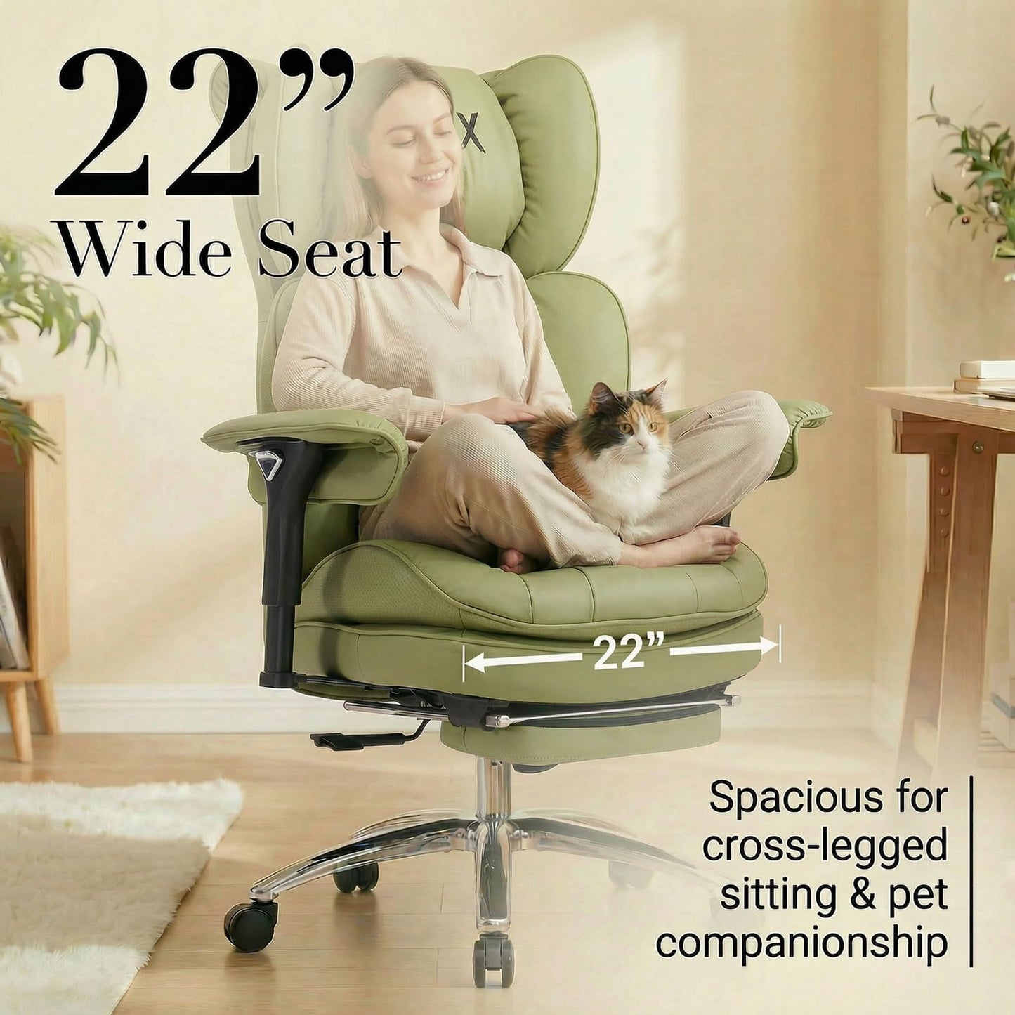 Efomao Big & Tall Executive Office Chair with Footrest - 400lbs Heavy Duty High Back PU Leather Desk Chair, Modern Ergonomic Reclining Computer Chair, Green