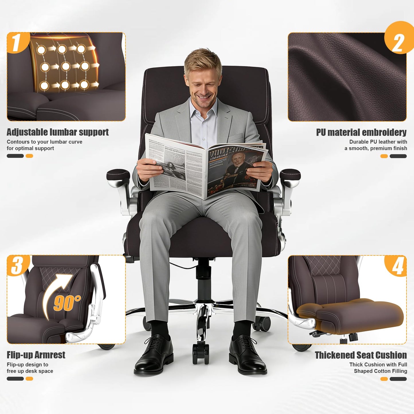 Ergonomic Leather Office Chair with Adjustable Lumbar Support, Flip-Up Armrests Desk Computer Chair, Swivel PC Chair with Rocking Function