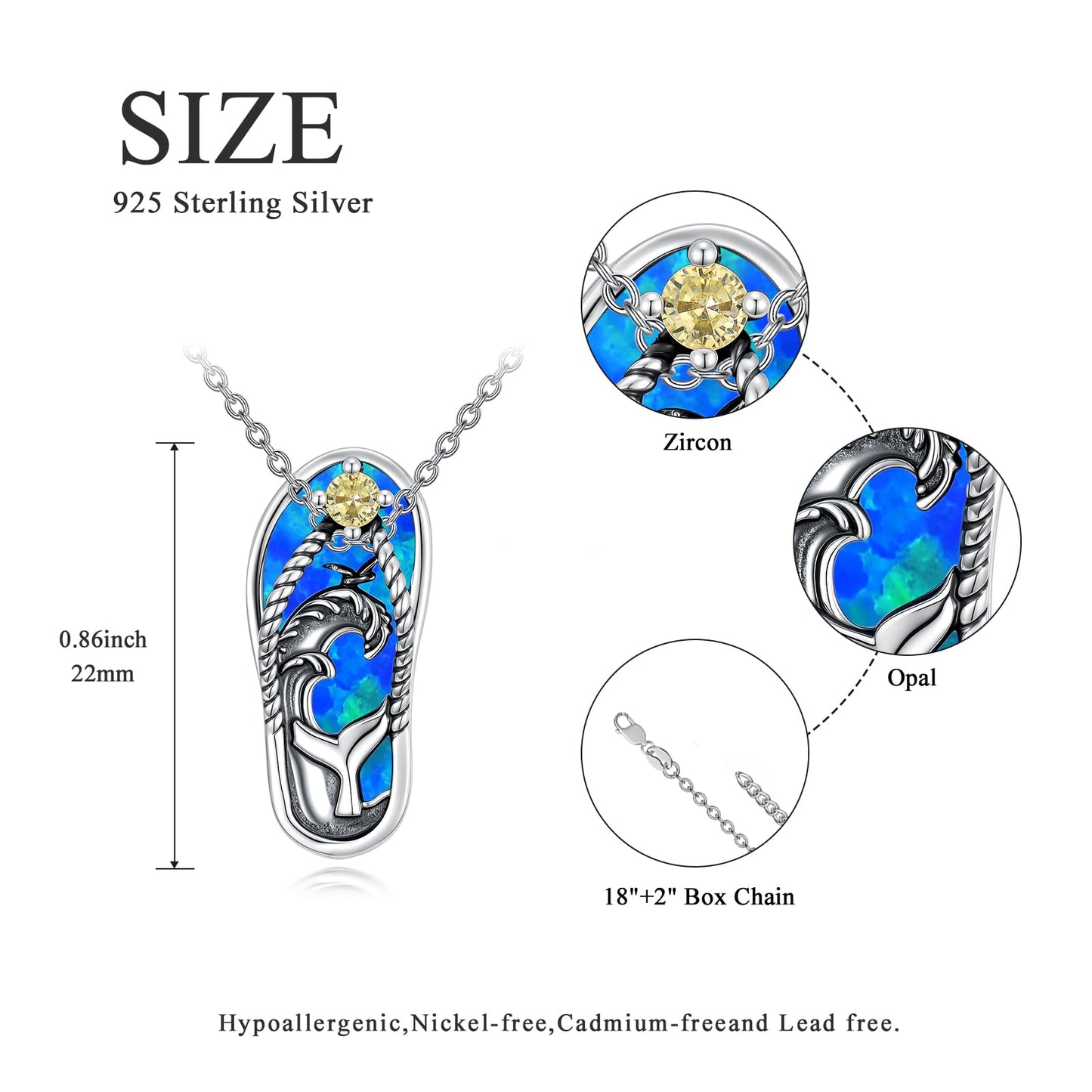 Midir&Etain Whale Tail Necklace 925 Sterling Silver Blue Opal Ocean Pendant Summer Flip Flops Jewelry Beach Fun Gifts for Women