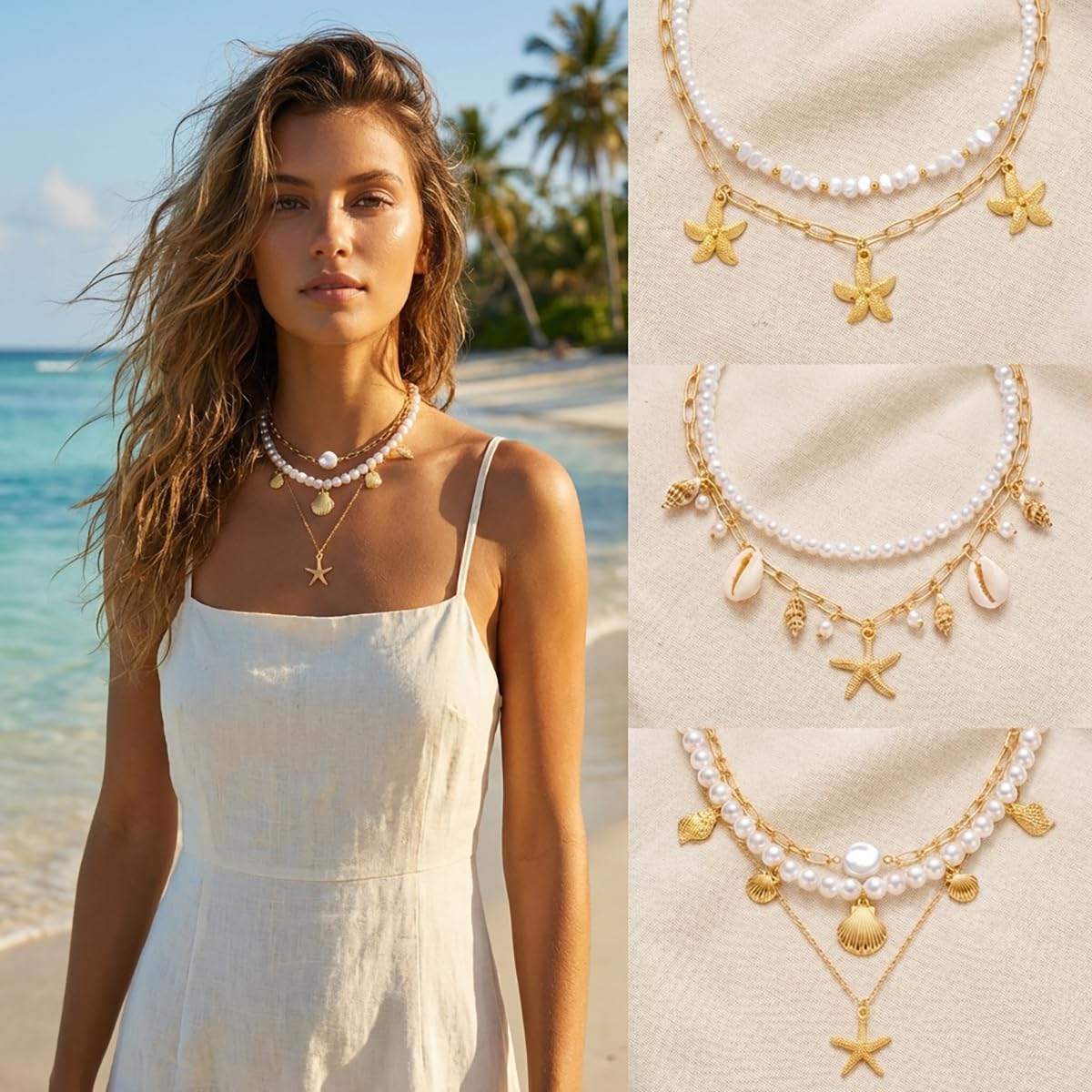 Boho Multi-layered Shell Starfish Necklace Layered Pearl Pendant Choker Necklace Fashionable Clavicle Chain Necklace Seaside Beach Vacation Jewelry for Women (Starfish2)