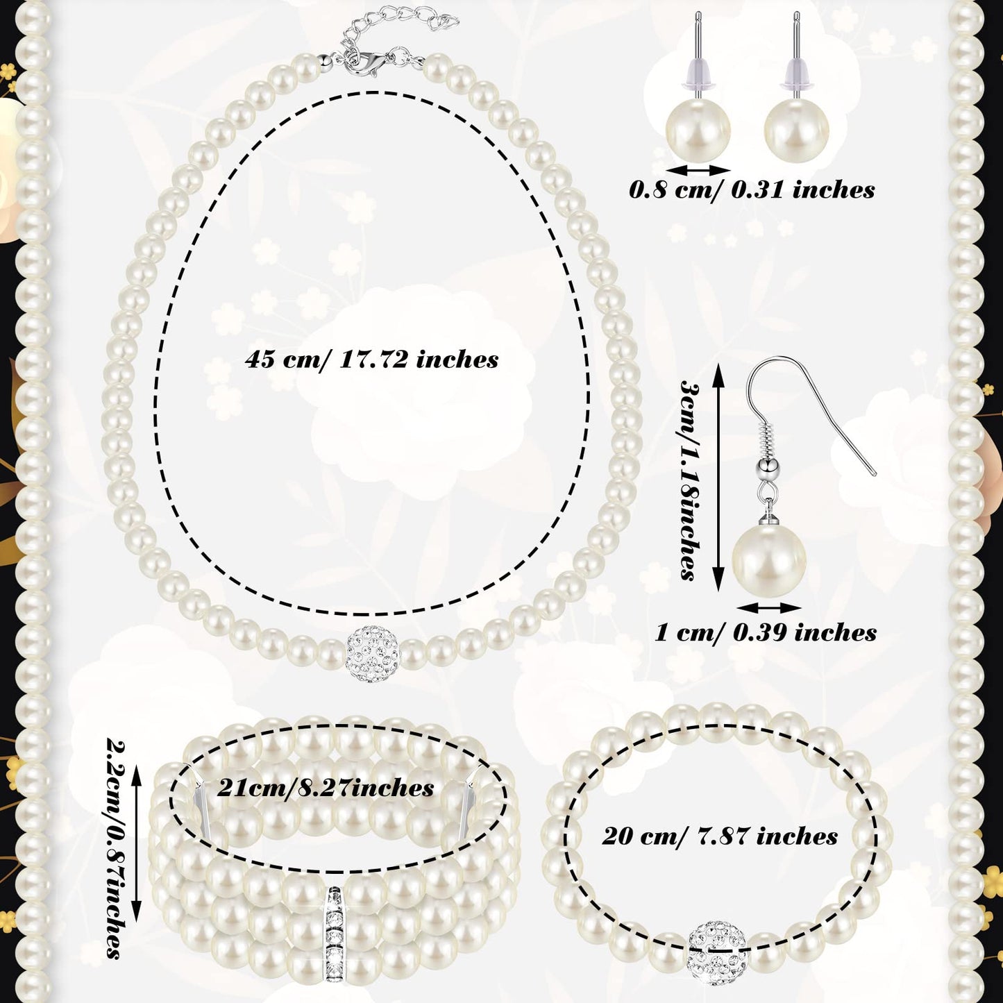 Glenmal Pearl Rhinestone Jewelry Set for Women Pearl Necklace Bracelet Earrings for Wedding Birthday Bridal Shower Tea Party(5 Pcs,Elegant Style)