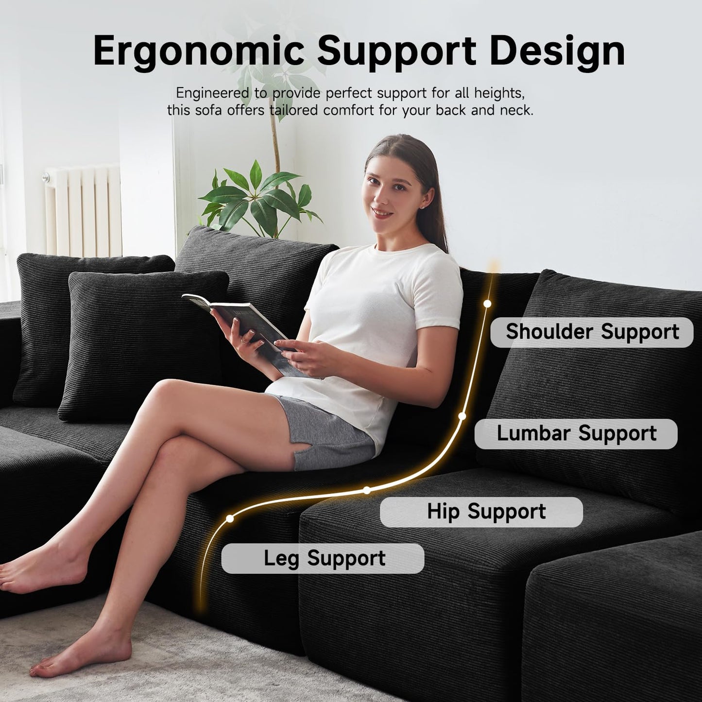 CUGOAO 152'' Oversized 2-in-1 Modular Sectional Sofa Bed, Modern Boneless Couch, Extra Deep Seat Upholstery Cloud Couch, Boneless Couches for Living Room, No Assembly Required, Corduroy Black
