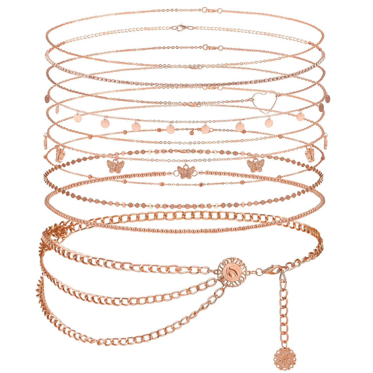 Lenwen 10 Pcs Summer Beach Belly Chain Adjustable Waist Multi Layered Chain Waist Jewelry for Women Girls Multilayer Body(Stylish Style,Rose Gold)