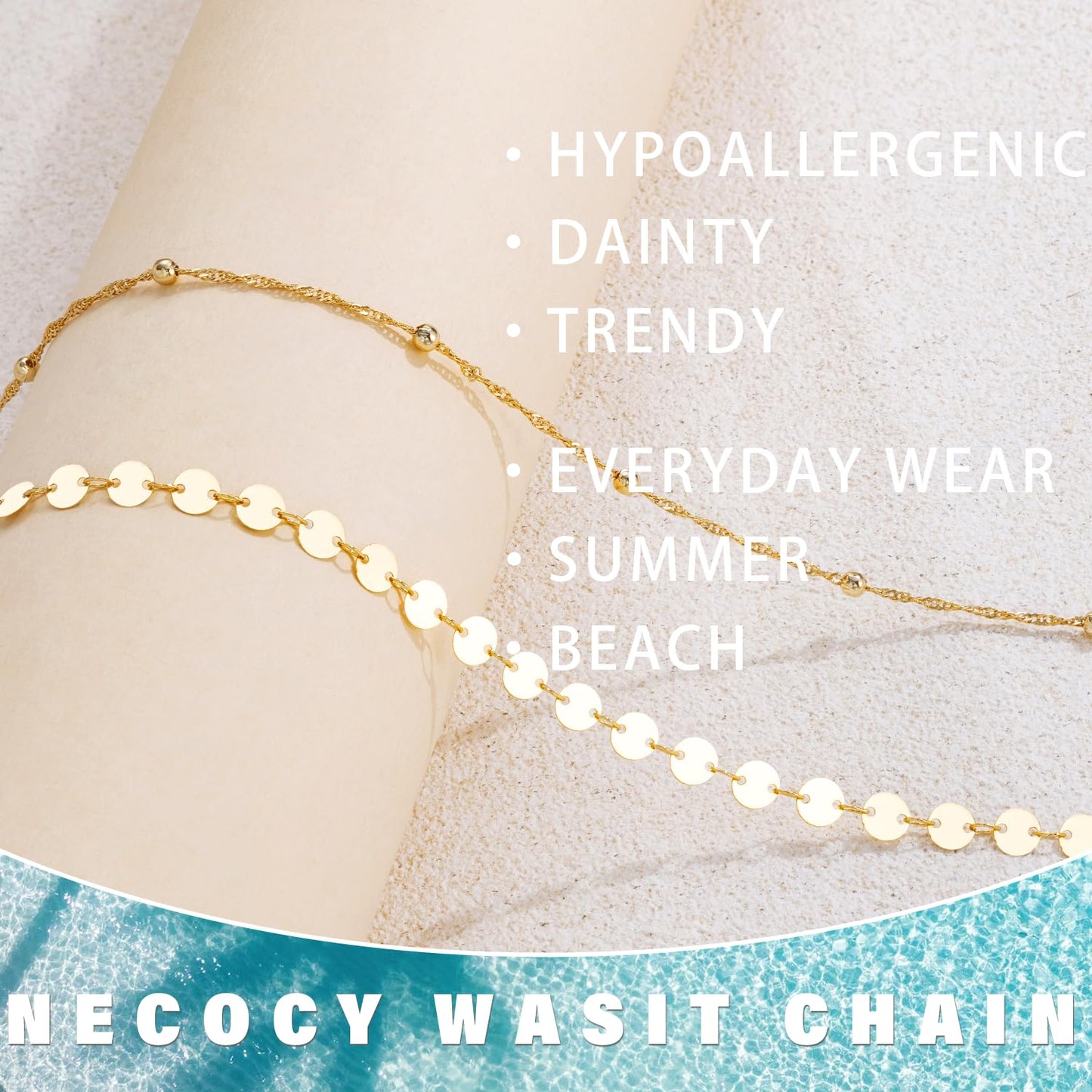 NECOCY Beaded Waist Chain for Women, Trendy 14K Gold Plated Belly Belt Beads Chain Adjustable Waterproof Sexy Layered Beach Snake Body Chain Summer Bikini Jewelry Accessories for Women