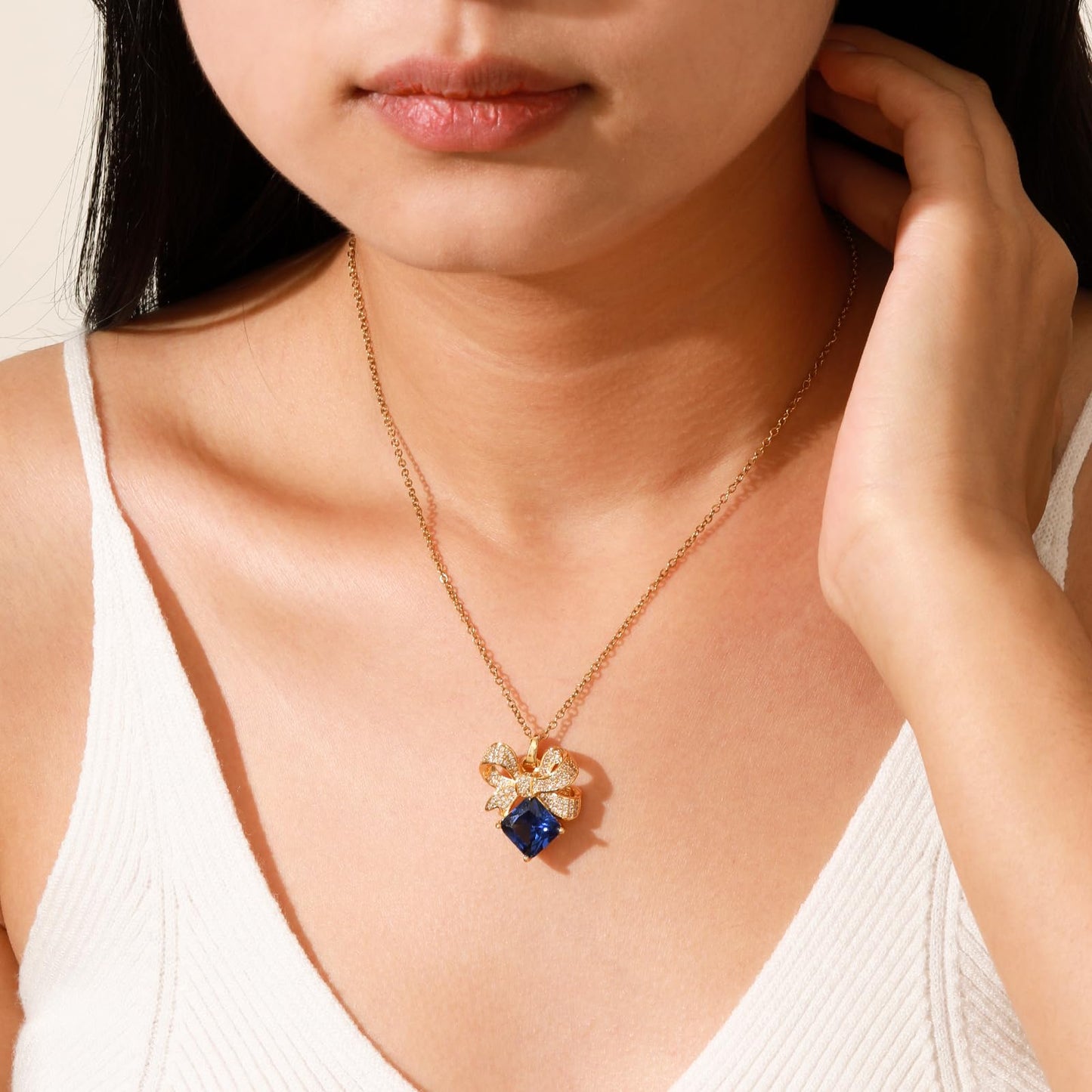 crataly Blue Sapphire Square Bow Necklace for Women-Gold Plated September Birthstone Vintage Necklace For Valentines Day Mother's Day Christmas Birthday Gifts