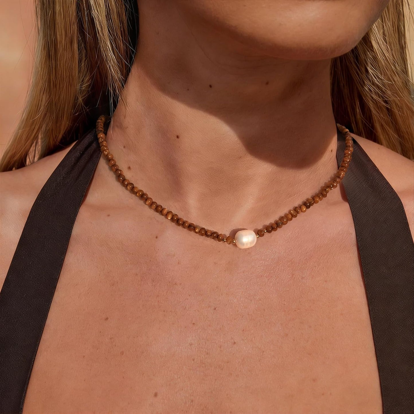 ERNAULO Beaded Necklaces for Women Seashell Beach Necklace with Freshwater Pearl 14K Gold Plated Boho Summer Handmade Jewelry CK-Seashell-brown