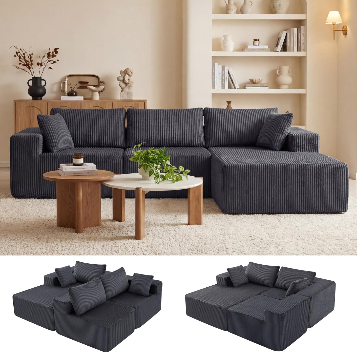 DUMOS 108” Modular Sectional Sofa, Cloud Sectional Couch with Deep Seat, Modern Modular L-Shape Sofa Couch with Chaise,Upholstered Boneless Couches for Living Room Bedroom (Grey,Right Facing Chaise)