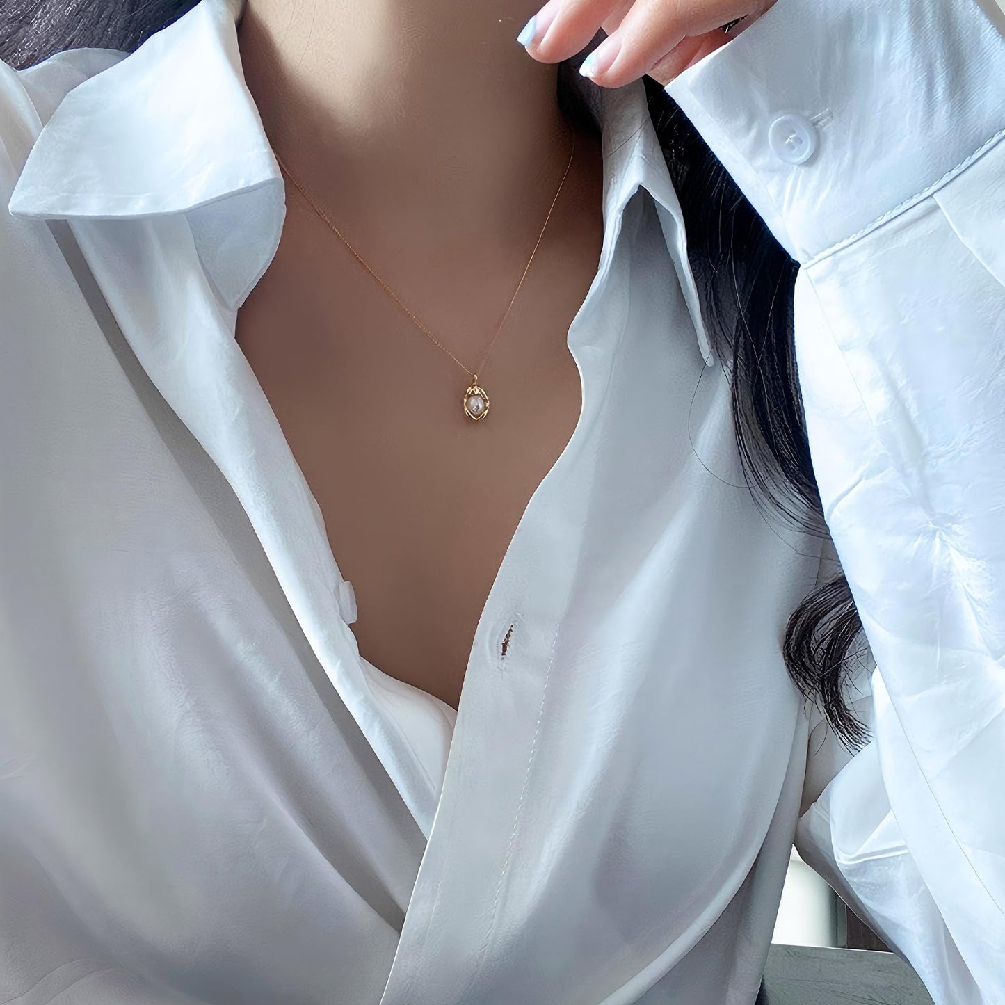 18K Gold Plated Pearl Pendant Necklace, Stainless Steel Gold Nugget Necklace with Freshwater Pearl, White Fritillaria - Trendy Jewelry