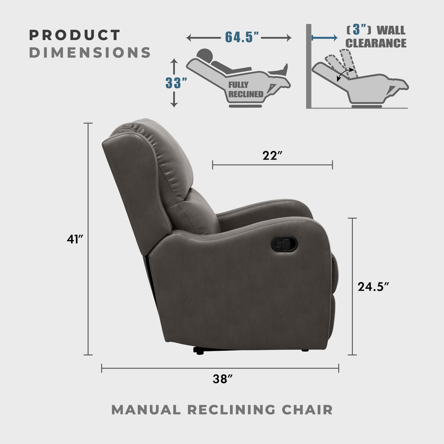 Lexicon Manual Recliner Chair, Reclining Sofa Chair, Home Theater Seating, Wall Hugger, Manual Recliner for Living Room/Office/Apartment, Easy Assembly, Gray Faux Leather