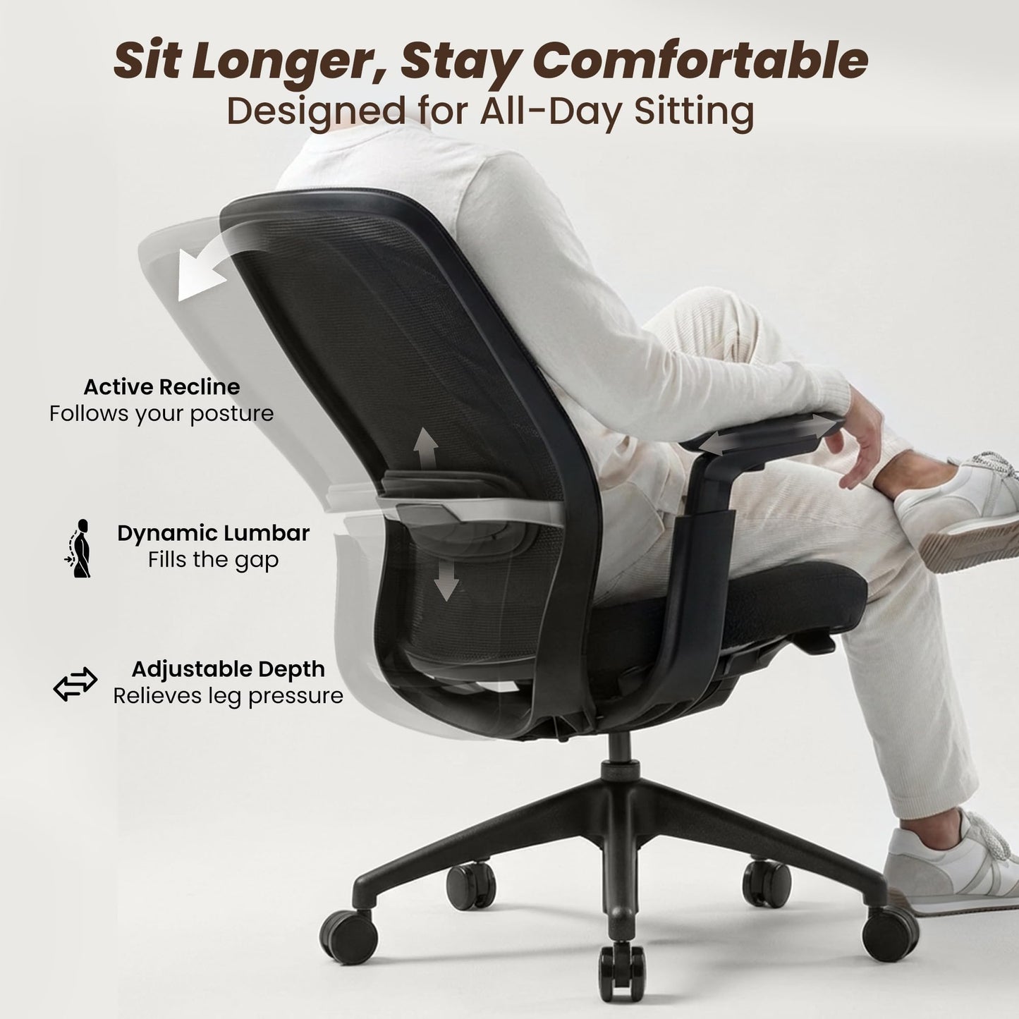 COLAMY Aether Executive Office Chair for Long Hours, One-Touch Easy Adjust Managerial Desk Chair with Levitating Seat Cushion & Pilot-Level Sync Armrests, 300 LBS Mid Back Mesh Computer Chair,Black
