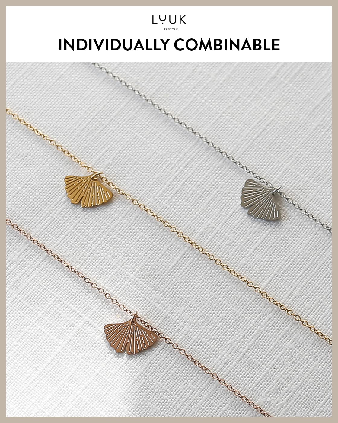 LUUK LIFESTYLE Necklace for women with ginkgo leaf pendant and HAPPINESS gift card, modern and minimalist fashion accessory, jewelry for everyday wear, good luck charm, zen yoga gift, gold