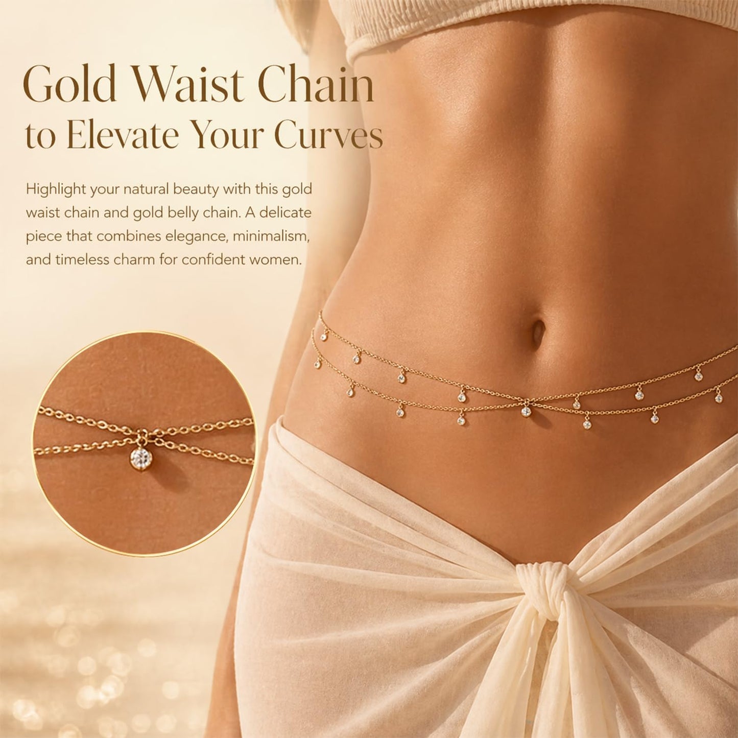 Longita Layered Rhinestone Belly Chain Gold Waist Chain for Women Waist Jewelry for Women Gold Belly Chains Summer Stomach Jewelry Trendy Dainty Sexy Body Chains Non Tarnish Waterproof Plus Size