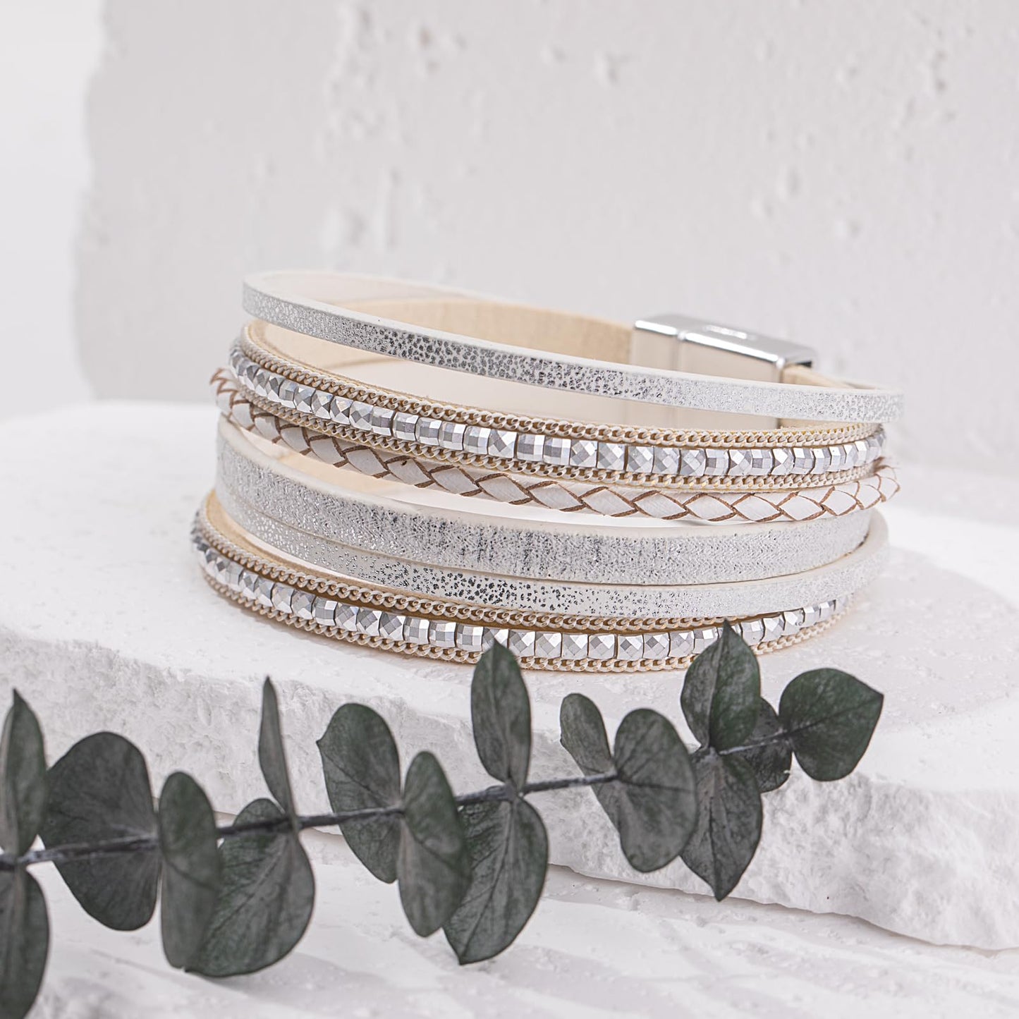 FANCY SHINY Boho Leather Wrap Bracelets Trendy Layered Bracelets with Magnetic Clasp Strackable Bohemian Cuff Jewelry Gifts for Women(White)