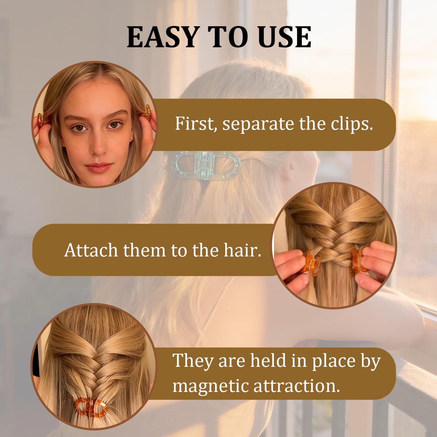 3 Pcs Magnetic Hair Clips, Strong Hold No-Slip Magnetic Hair Styling Clips for Women, No Crease 2-in-1 Design for Easy Everyday Hairstyles, Gentle on All Hair Types