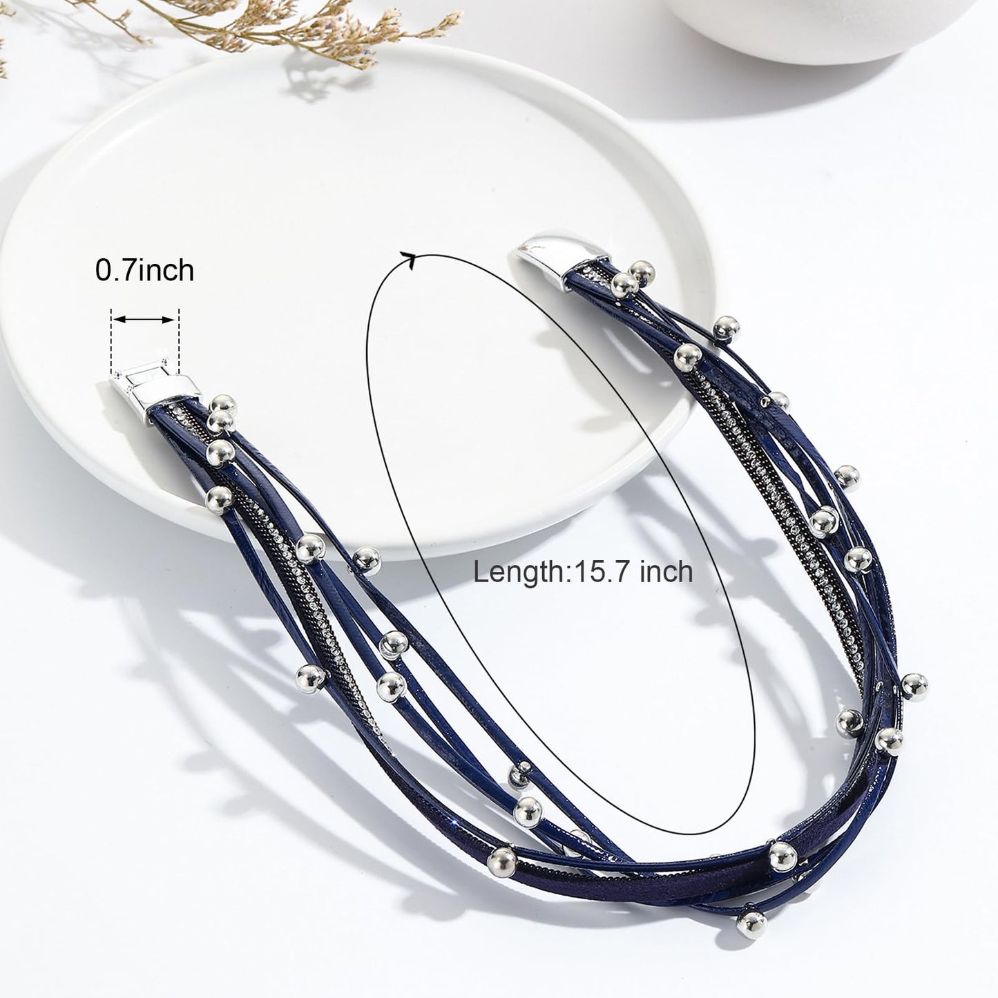 VIBILIA Boho Leather Wrap Bracelets for Women Trendy Multi-Layer Crystal Beads Cuff Bracelets with Strong Clasp Jewelry for Women-Blue