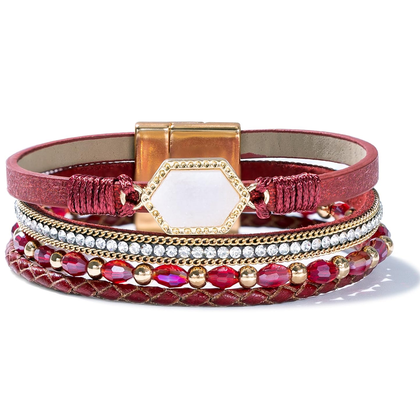 FANCY SHINY Crystal Beaded Leather Wrap Bracelet Stackable Boho Jewelry for Women Trendy Braided Resin Stone Bangle Cuff with Magnetic Clasp(Burgundy)
