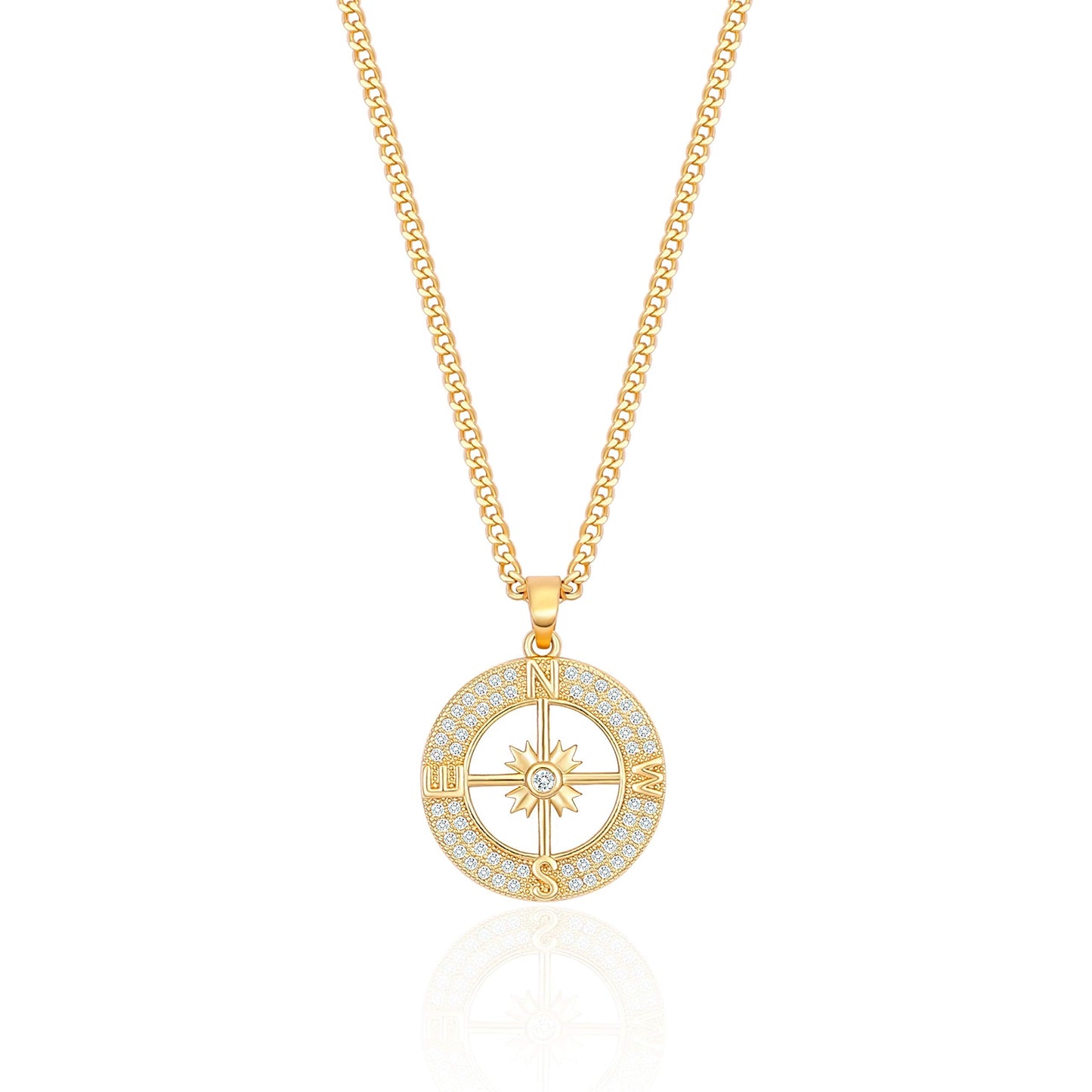 PEARLADA 18K Gold Plated Cuban Chain Compass Pendant Necklace with Micro-Inlaid Cubic Zirconia Halo Womens Handmade Navigation Travel Jewelry for Graduation Gift