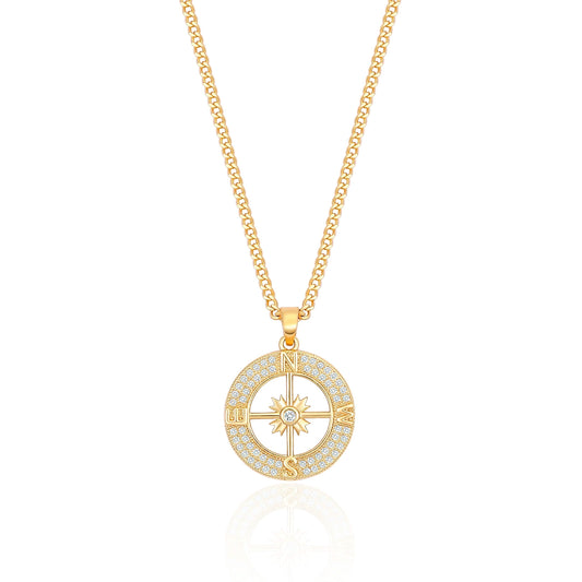 PEARLADA 18K Gold Plated Cuban Chain Compass Pendant Necklace with Micro-Inlaid Cubic Zirconia Halo Womens Handmade Navigation Travel Jewelry for Graduation Gift
