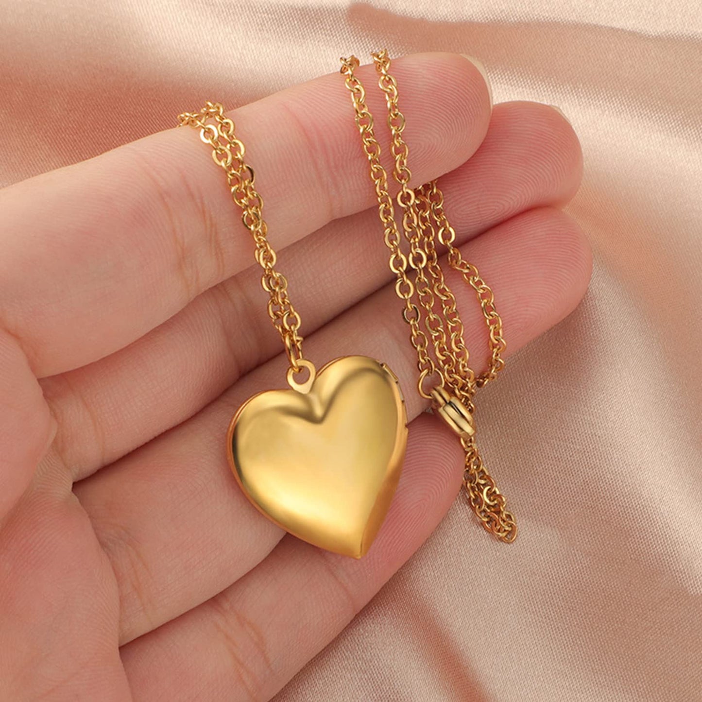 PHOCKSIN Gold Heart Lockets Necklace for Girlfriend Locket Necklaces that Holds 2 Pictures Memorial Lockets for Women