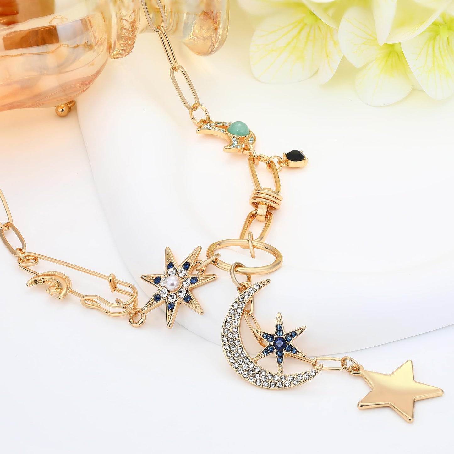 BONJOULRY Charm Necklace for Women Gold Moon and Star Charms Pendant Necklace Vintage Dainty Paperclip Chain Chunky Boho Gothic Y Choker Necklace Jewelry Gifts Celestial