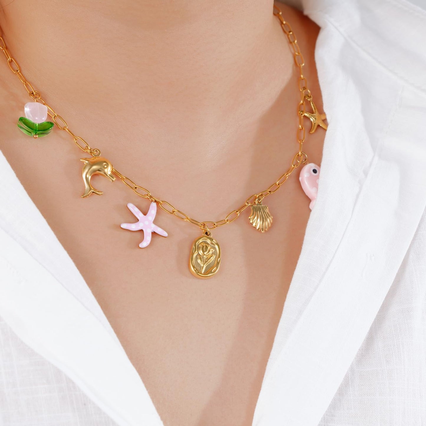 Chunky Gold Necklace Statement Boho Beach Ocean Summer Stainless Steel Jewelry Shell Starfish Turquoise Dolphin Pearl Sun Flower Wave Heart Fish Charm Choker Necklaces for Women(Flower)