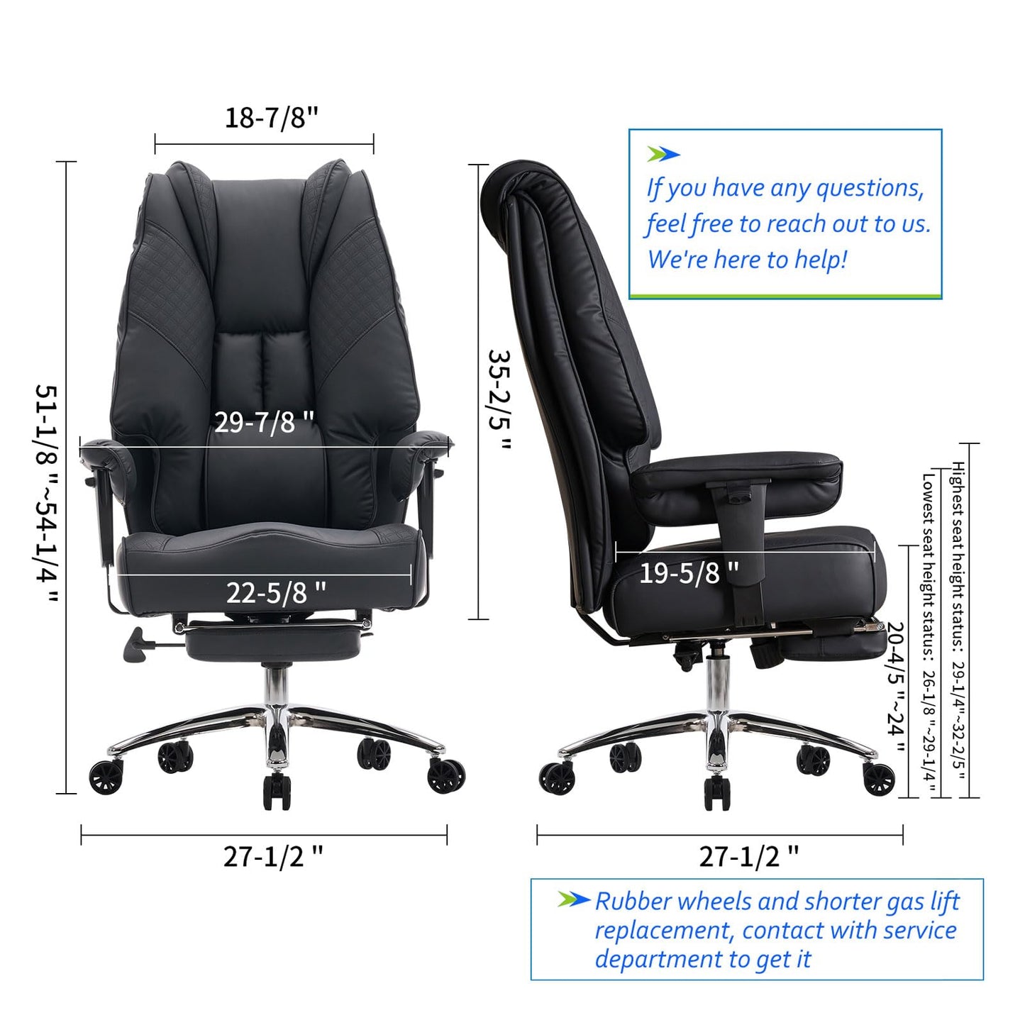 EXCEBET Big and Tall Office Chair 400lbs Wide Seat, Leather High Back Executive Office Chair with Foot Rest, Ergonomic Chairs Lumbar Support for Lower Back Pain Relief (Black)