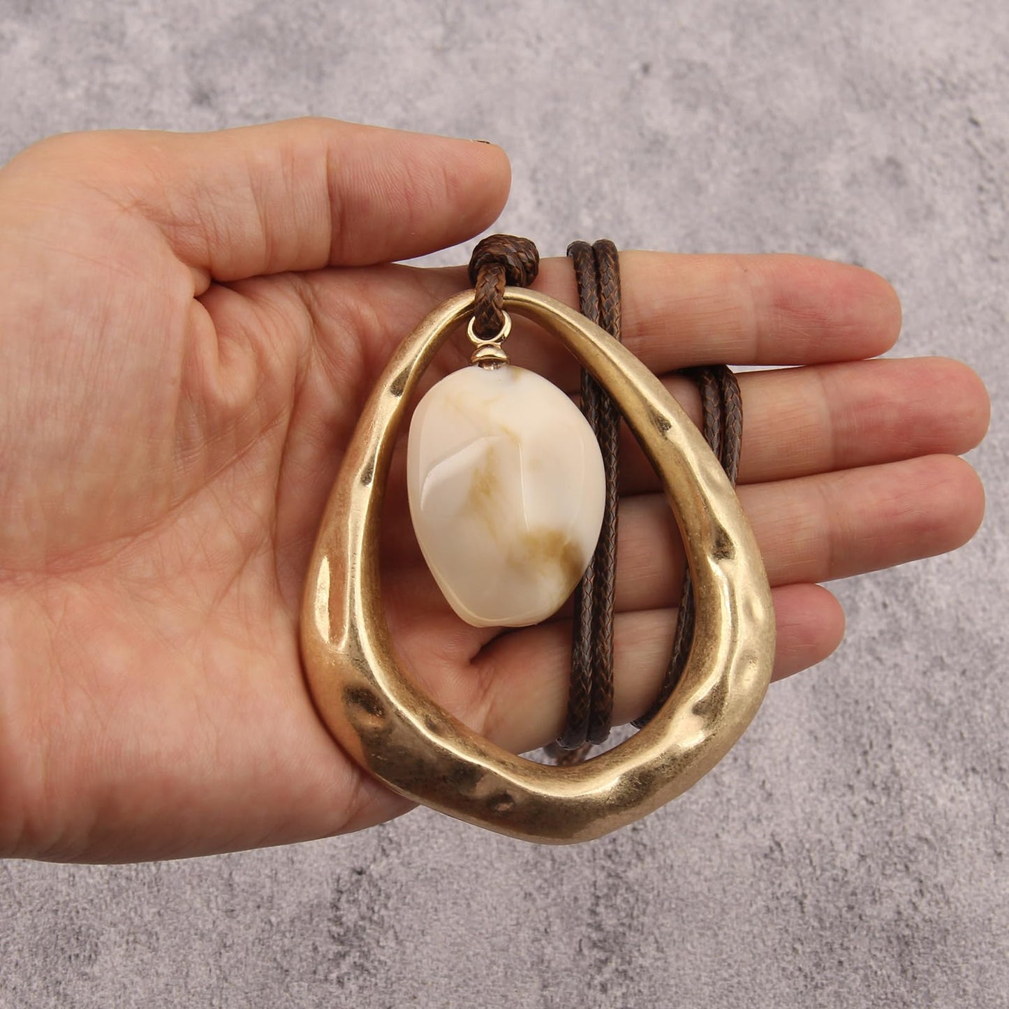 joymiao Chunky Pendant Necklace Women Large Gold Boho Vintage Statement Necklace with White Resin Stone Hippie Bohemian Jewelry