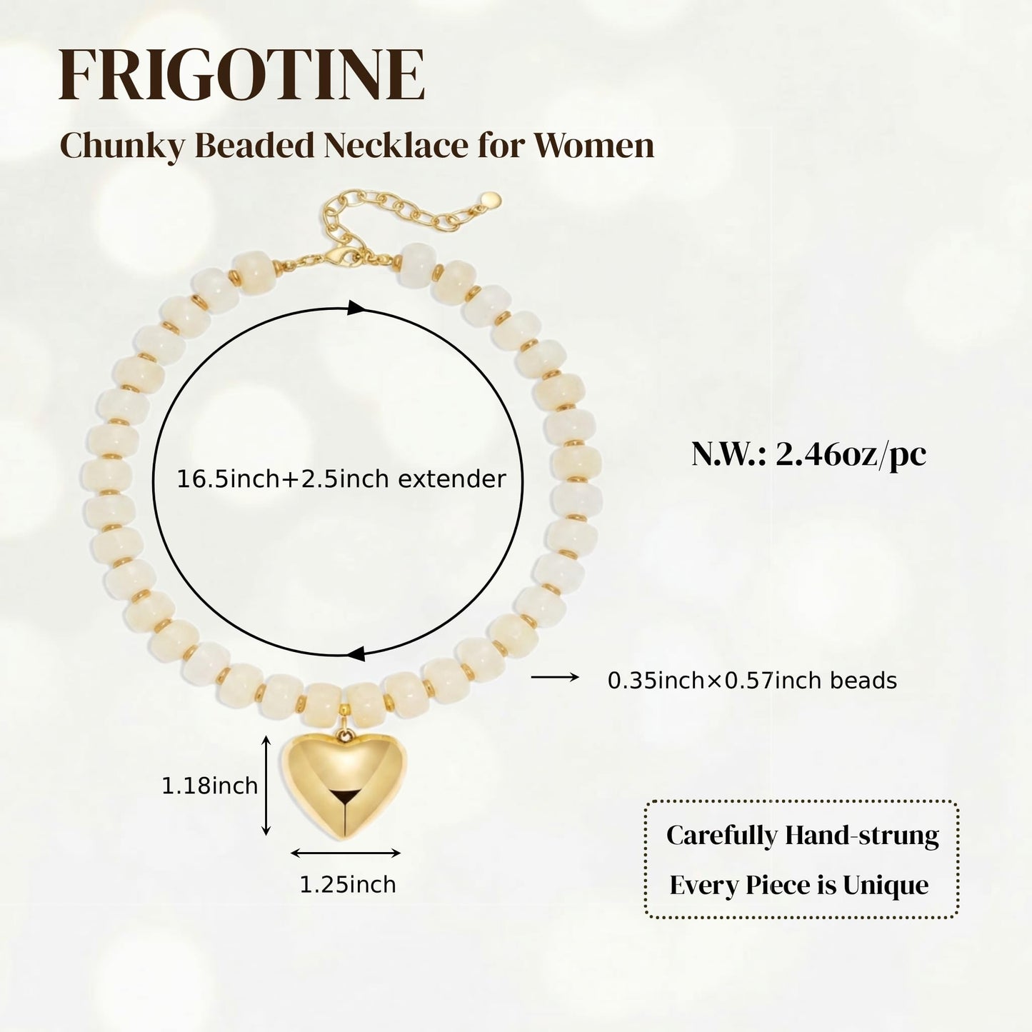Frigotine Cream White Chunky Heart Necklace for Women, Elegant Resin Beaded Choker with Gold Puffy Heart, Adjustable Vintage Boho Statement Jewelry Gift