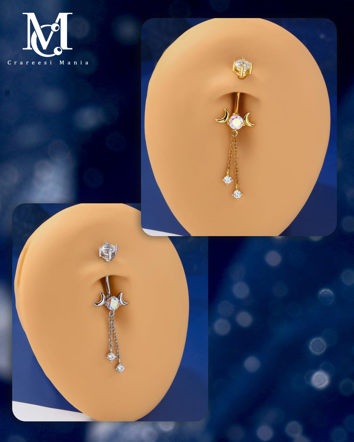 CM Crareesi Mania Dangle Belly Button Rings 14G Dangle Chain Belly Rings Moon Phase 316L Surgical Steel Gold Belly Piercing Jewelry for Women