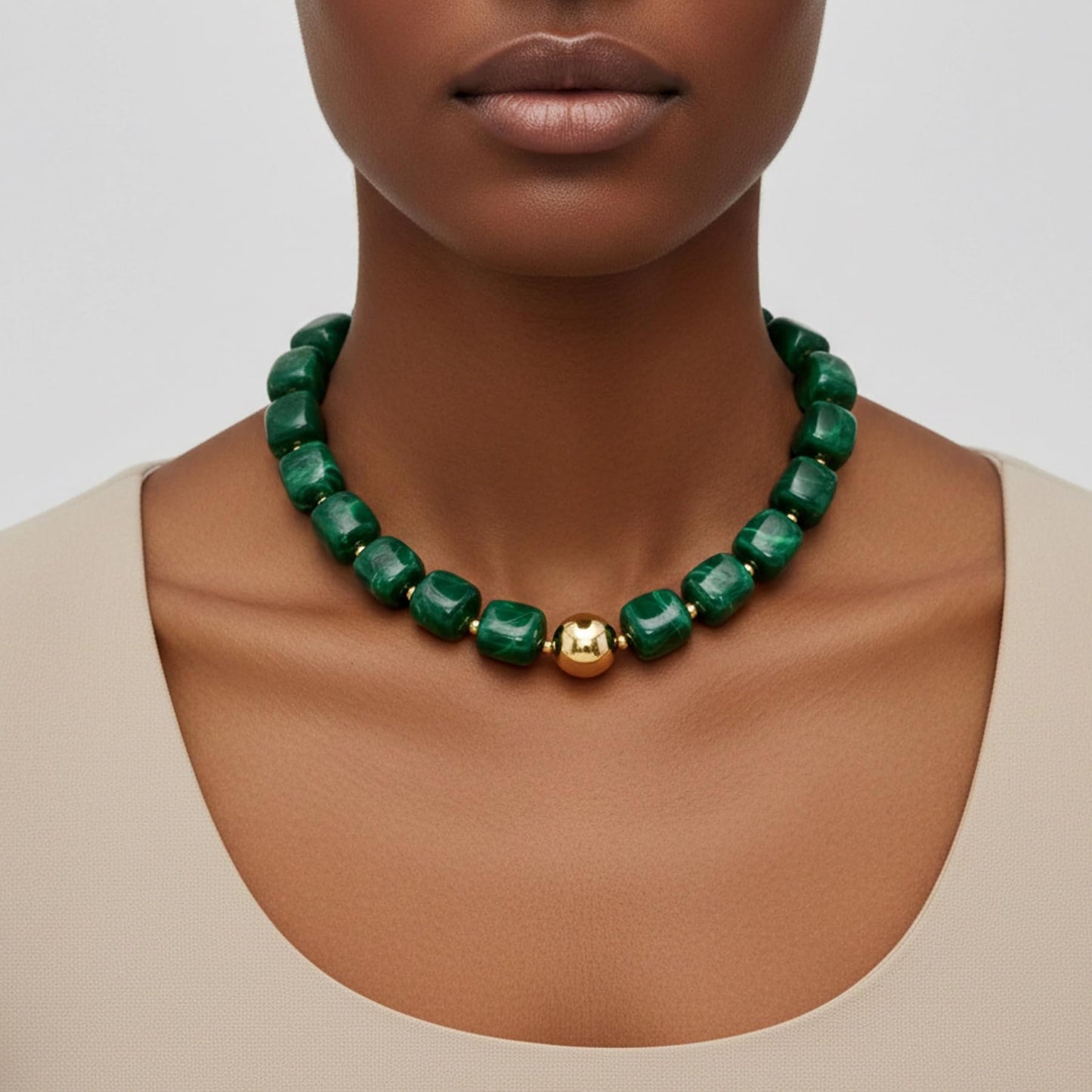 WOWORAMA Green Beaded Necklace for Women Trendy Chunky Statement Choker Necklaces Dark Green Large Square Resin Beads Necklace Y2k Boho Summer Jewelry