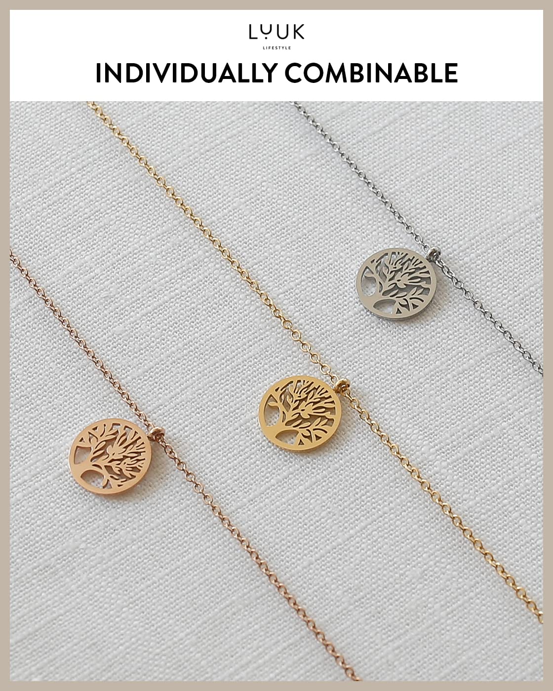 LUUK LIFESTYLE Feminine necklace in stainless steel with Tree of Life pendant and HAPPINESS gift card, trendy jewellery for women, 19” length, nature lovers, meditation zen motif, yoga jewel, silver
