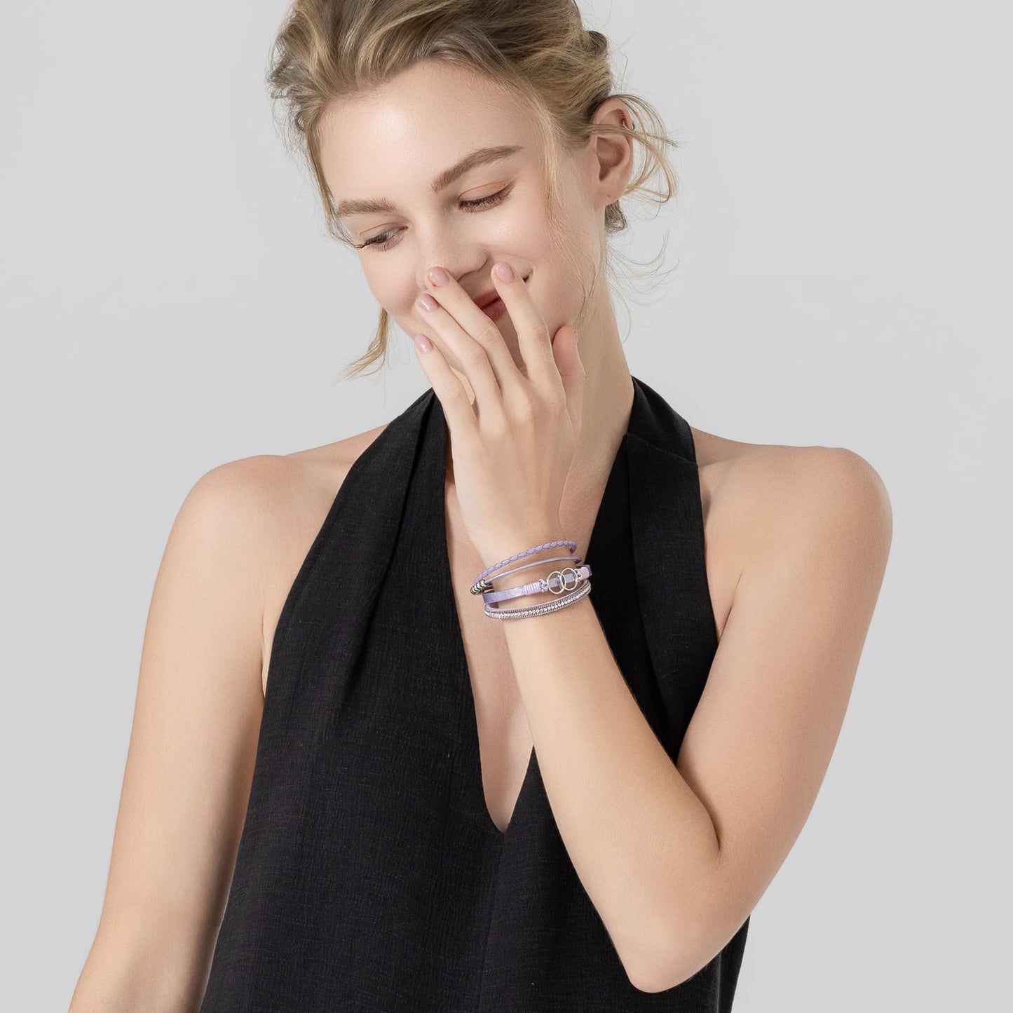 FANCY SHINY Boho Wrap Bracelets Leather Cuff Bangle Beaded Bracelets for Women Stackable Infinity Bracelets Jewelry with Clasp(Purple)
