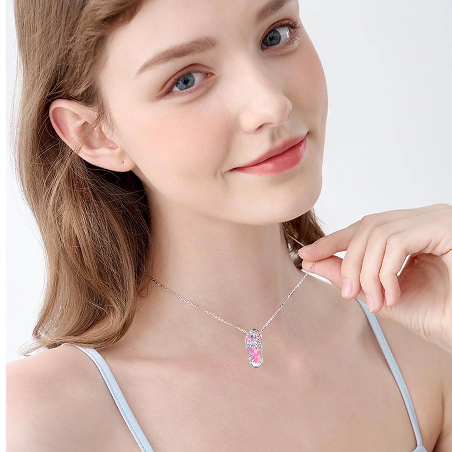 Midir&Etain Flip Flop Necklace 925 Sterling Silver Beach Palm Tree Pendant Hawaiian Pink Opal Necklace Flip-Flop Opal Beachy Jewelry for Women Prime