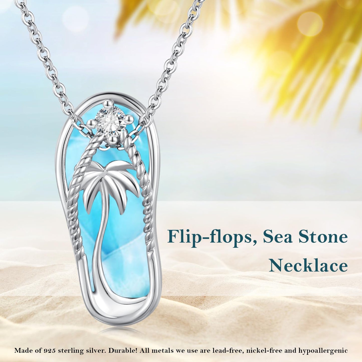 Midir&Etain Larimar Summer Vacation Necklace 925 Sterling Silver Flip Flops Hawaii Pendant Beachy Blue Necklace Coastal Natural Stone Jewelry for Women Prime