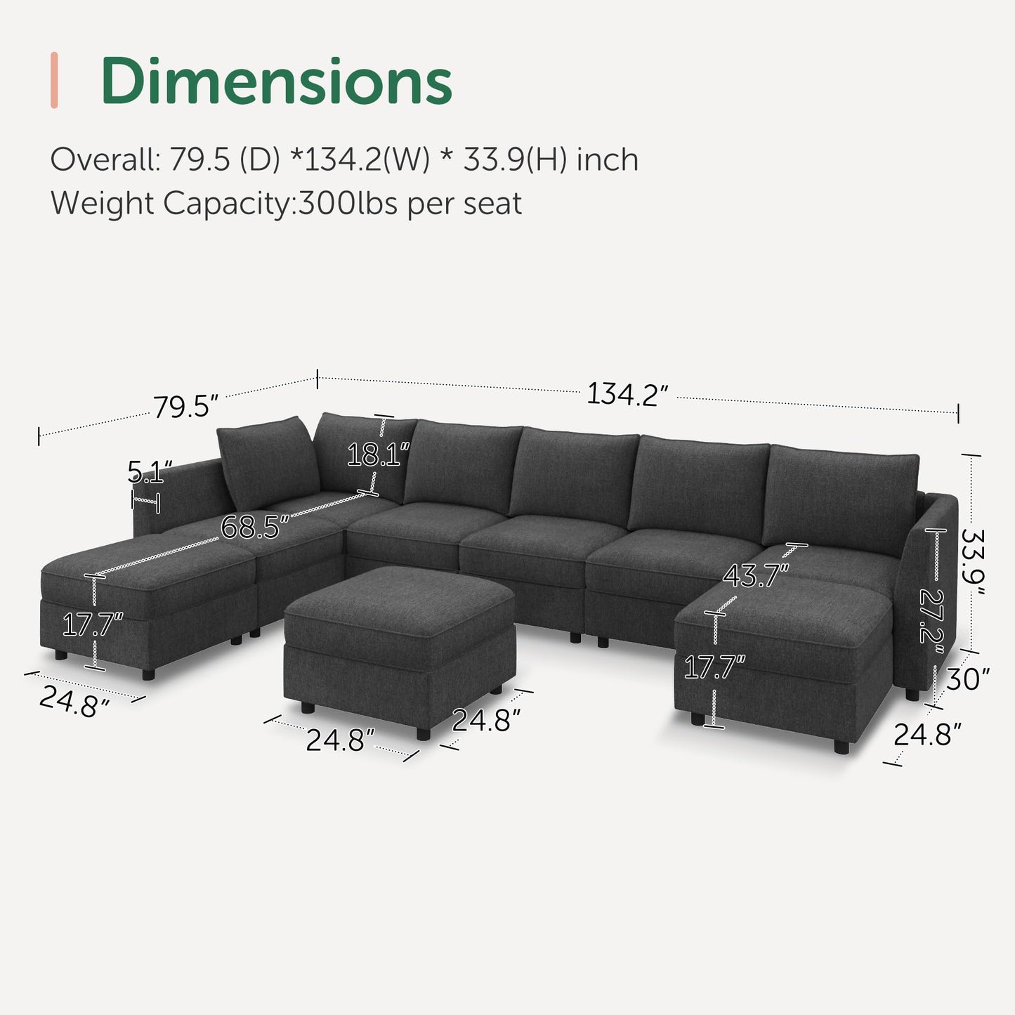 HONBAY Modular Sectional Sofa with Storage, U Shaped Couch Modular Convertible Sectional Couches for Living Room - Snowflake Velvet Grey
