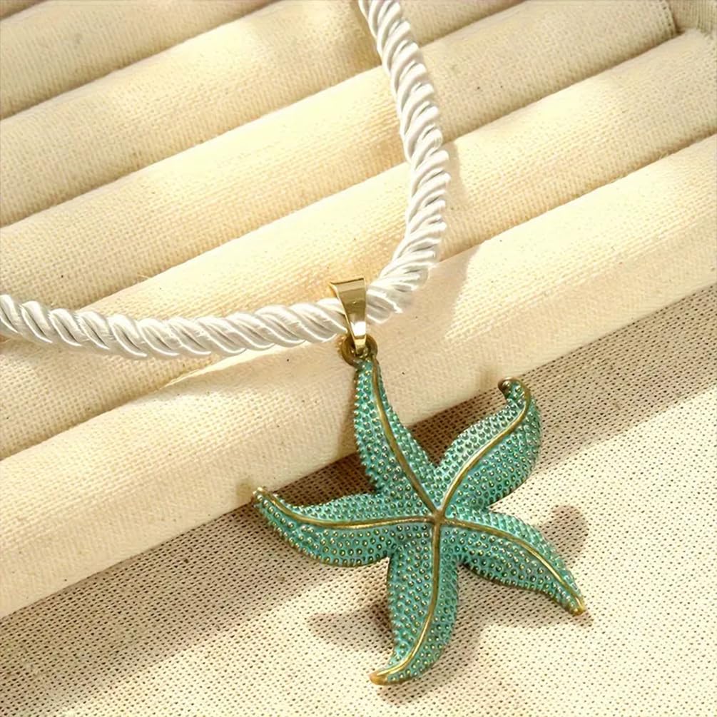 UANXLL Large Gold or Blue Starfish Pendant Necklace, Chunky White Rope Chain Big Sea Star Necklaces for Women Fashion Ocean Style Beach Party Prom Jewelry Gift (Blue)