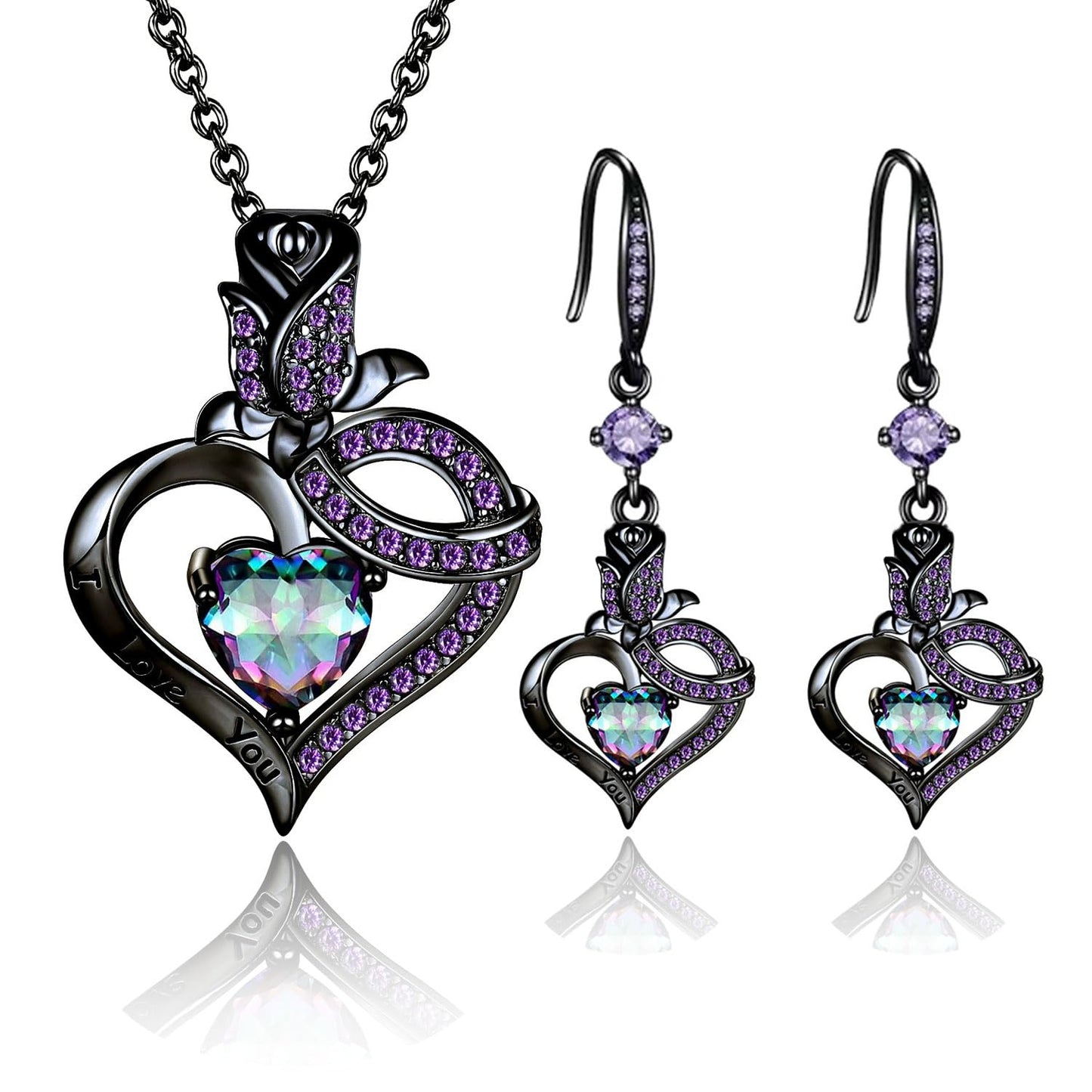 VOLUKA Gothic Heart Jewelry Set for Women, Black Gold Plated Necklace and Earrings with Purple Created Amethyst Crystal, Romantic Rose Flower Design for Wedding Engagement