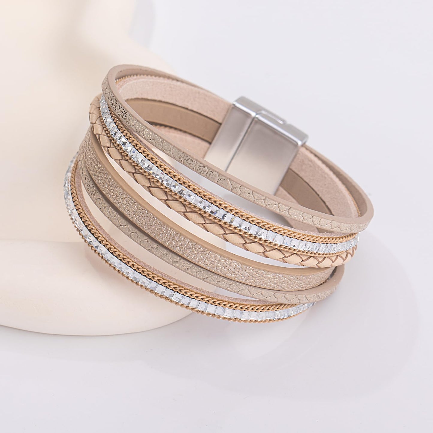 FANCY SHINY Boho Leather Wrap Bracelets Trendy Layered Bracelets with Magnetic Clasp Strackable Bohemian Cuff Jewelry Gifts for Women(Cream)