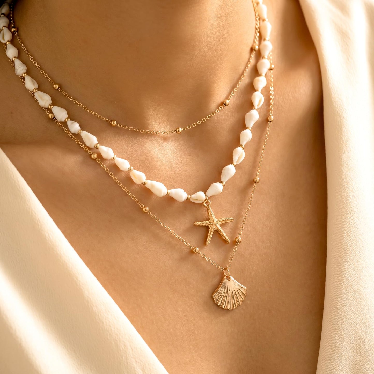 RAHHLIZS 3PCS Starfish Necklace for Women Layered Gold Shell Necklace Beach Jewelry Charm Summer Vacation Gifts