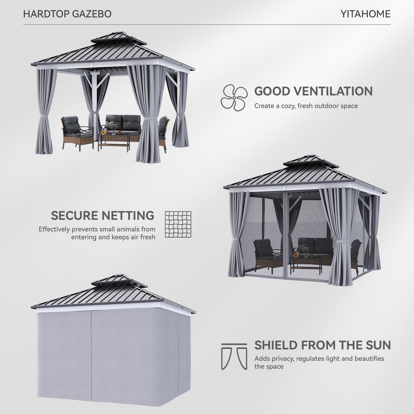 YITAHOME 10X10FT Gazebo Patios Hard Top Outdoor Double Roof Canopy Aluminum Frame Metal Top Garden Gazebo with Curtains Netting for Backyards Decks Lawns, White