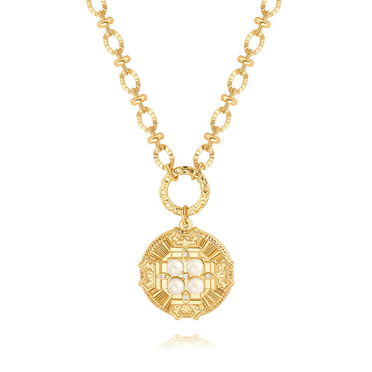 Statement Byzantine Cross Medallion Necklace, 18k Gold Plated Pearl Beaded Coin Necklace, Chunky Faceted Chain Necklace Adjustable