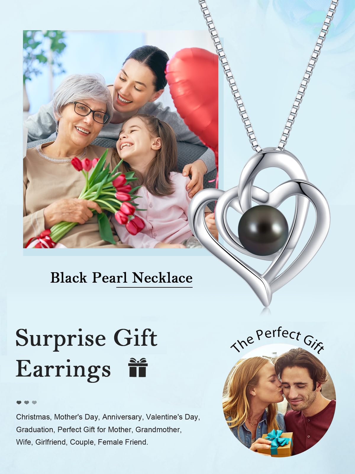 KANNSOAR Tahitian Black Pearl Necklace for Women 18K White Gold Plated Sterling Silver Heart Pendant 7MM Pearl Jewelry Wedding Birthday Anniversary Christmas Gifts for Wife Mom Girlfriend Lover Her