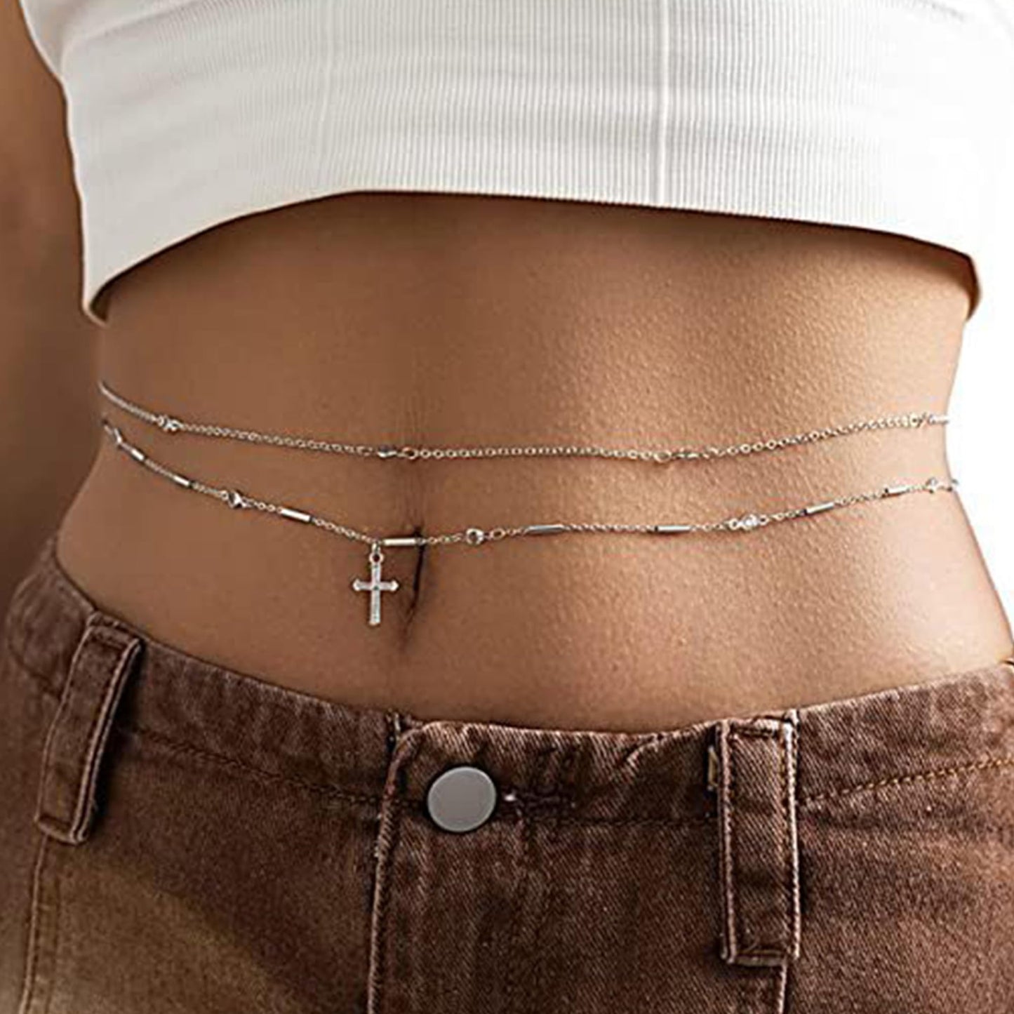 Longita Layered Belly Chain Silver Waist Chain for Women Cross Waist Jewelry for Women Silver Belly Chains Summer Stomach Jewelry Trendy Simple Sexy Body Chains Non Tarnish Waterproof Plus Size