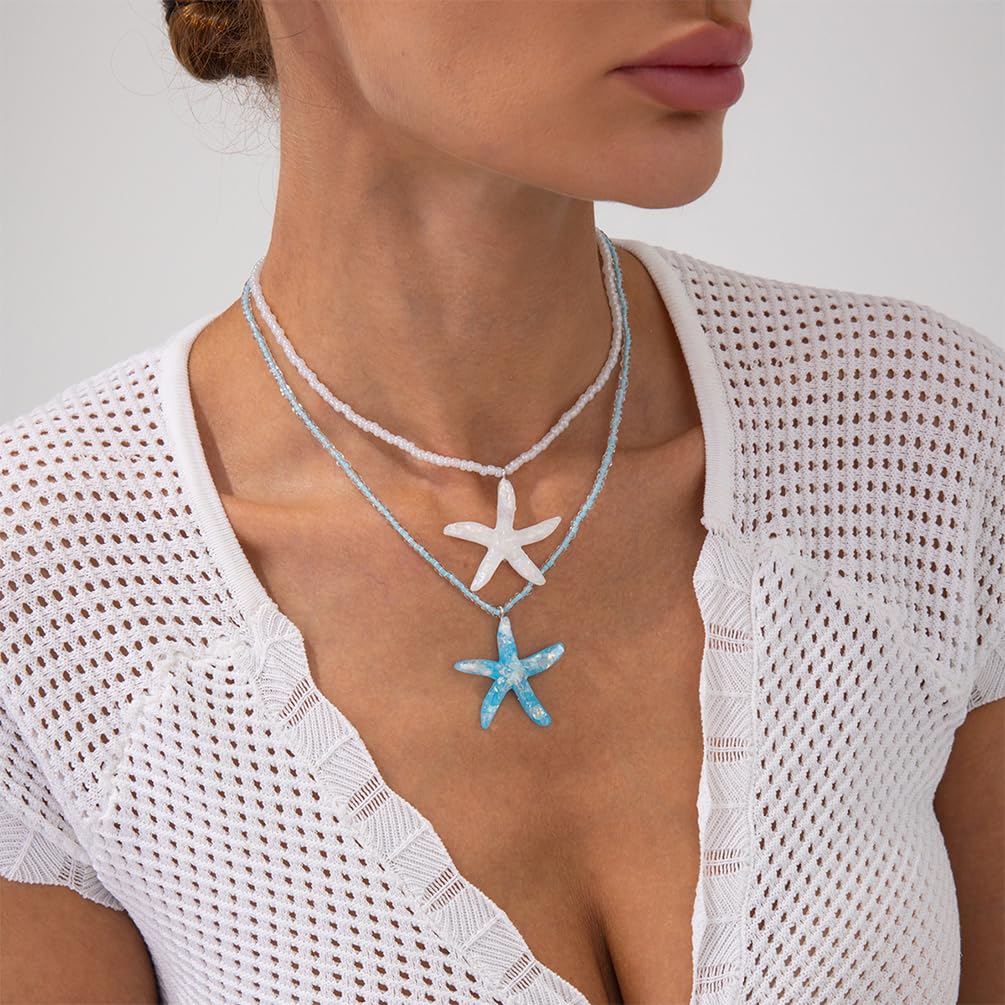 Douxsu 2Pcs Layered Boho White Blue Starfish Necklace for Women, Delicate Sea Star Pendant Hawaiian Small Beaded Chain Necklace Y2k Beach Ocean Beachy Jewelry (White-Blue)