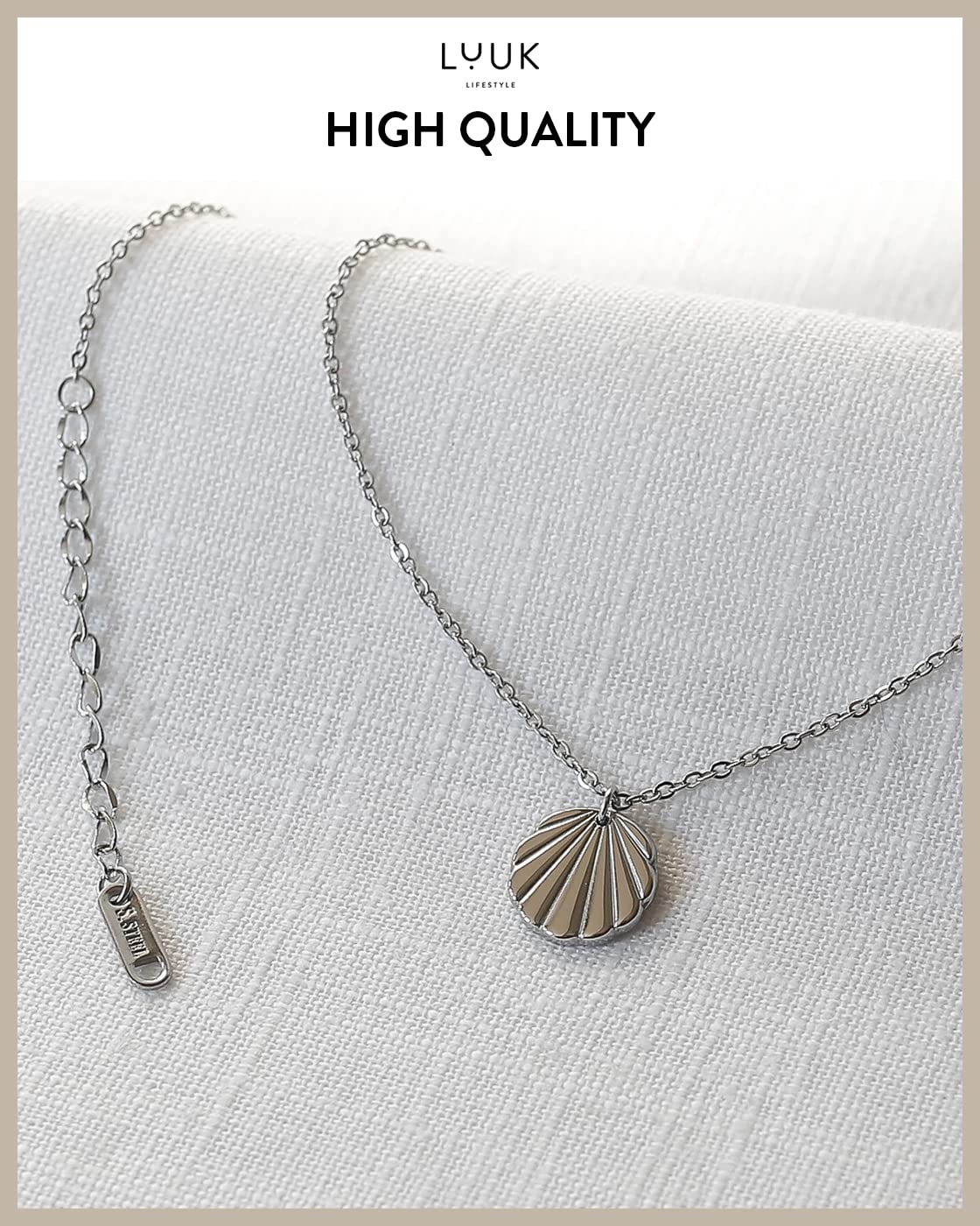 LUUK LIFESTYLE Necklace for women with shell pendant, stainless steel and HAPPINESS gift card, for everyday wear and holidays, classy and trendy summer jewelry, sea and beach motif, silver