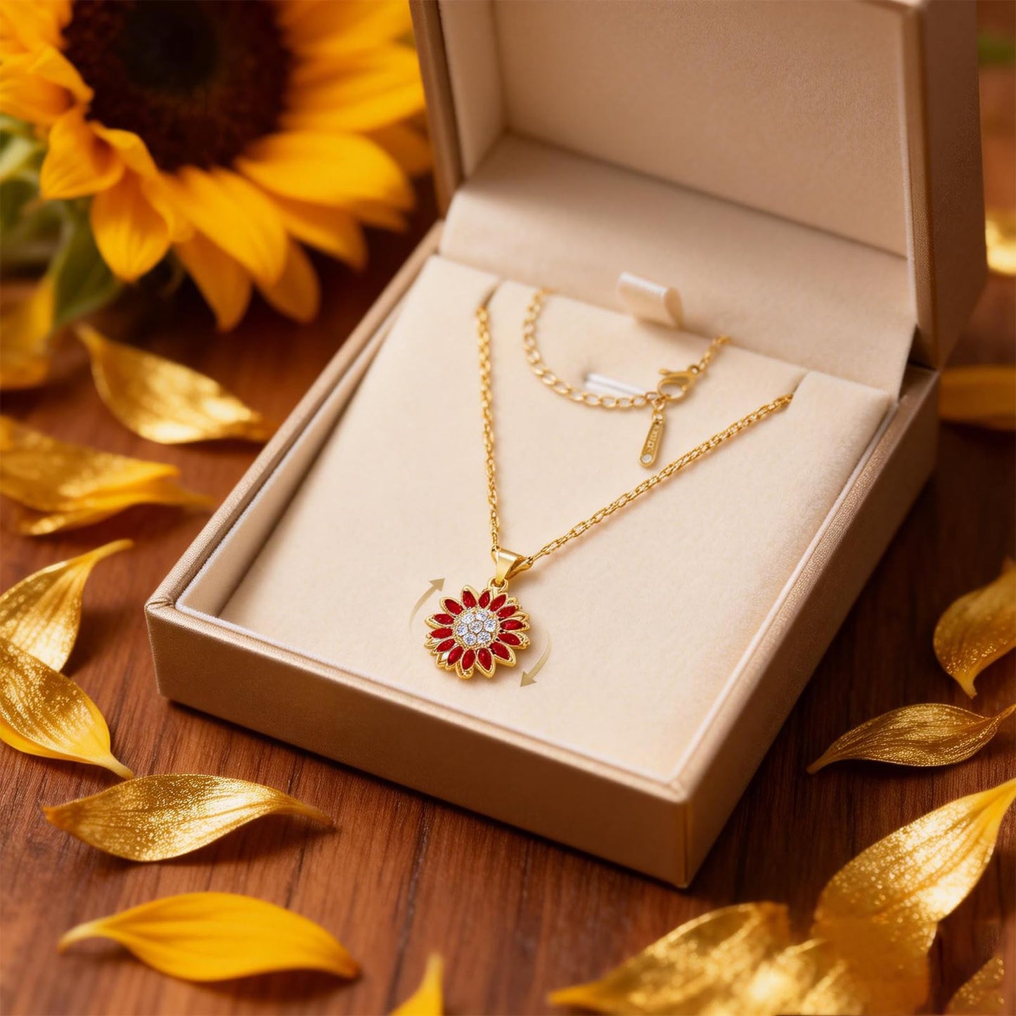 KONPJE Sunflower Fidget Necklace for Women Gold Moon Necklace Rotating Heart Necklaces Spinning Crystal Sunflower Anxiety Necklaces Crescent Moons Jewelry Accessories (Gold Red)